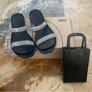Melissa GLITZ Black Sandals with Silver Straps and cell phone crossbody